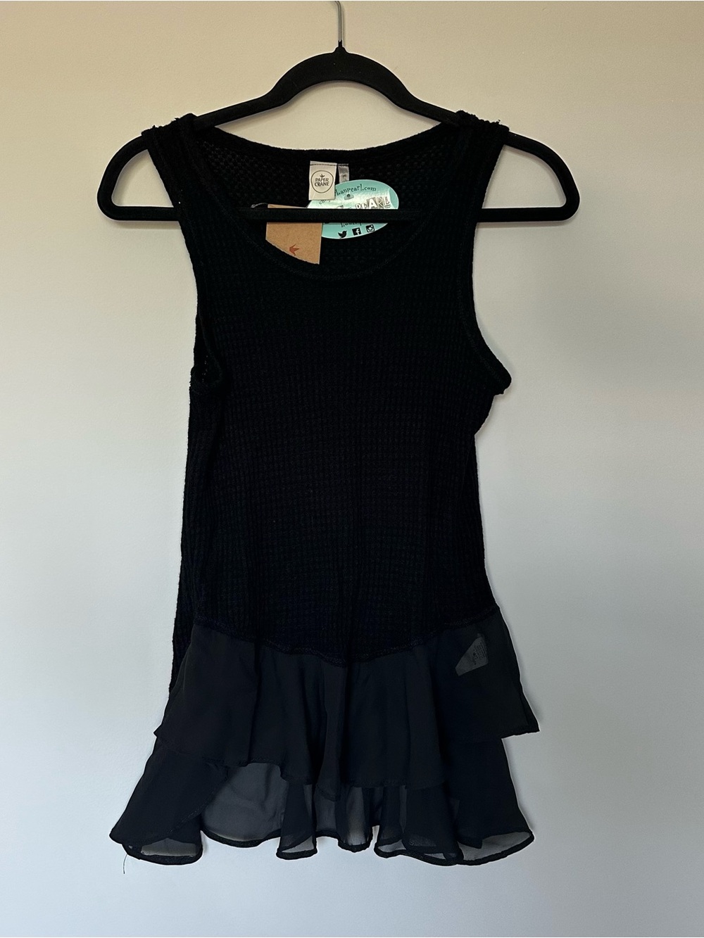 Paper Crane Black Ribbed Knit Tank Top Tiered Chiffon Ruffle Hem Sleeveless Sm